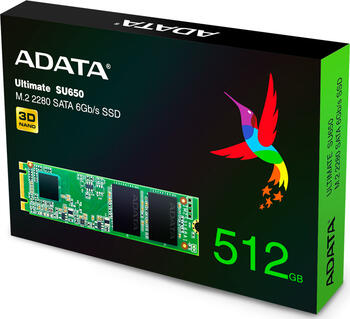 512 GB SSD ADATA Ultimate SU650, M.2/B-M-Key (SATA 6Gb/s), lesen: 520MB/s, schreiben: 460MB/s, TBW: 210TB