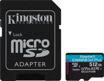 512 GB Kingston Canvas Go! Plus microSDXC Kit Speicherkarte, USB-A 3.0, lesen: 170MB/s, schreiben: 90MB/s