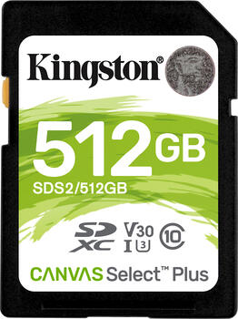 512 GB Kingston Canvas Select Plus SDXC Speicherkarte, USB-A 2.0, lesen: 100MB/s, schreiben: 85MB/s