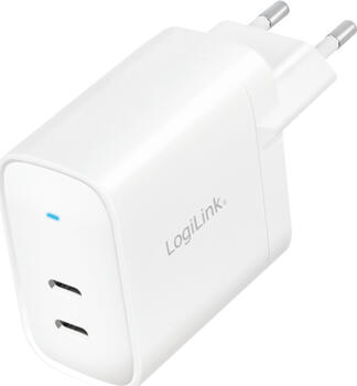 LogiLink USB-Steckdosenadapter 2x USB-C-Port GaN-Technologie PD 65W weiß