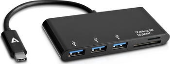 V7 USB-Adapter USB-C (m) auf 3x USB 3.0 A (f), MicroSD, SD/MMC, schwarz