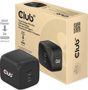 CLUB3D Travel Charger PPS 45W GAN technology, Dual port USB Type-C, Power Delivery(PD) 3.0 Support