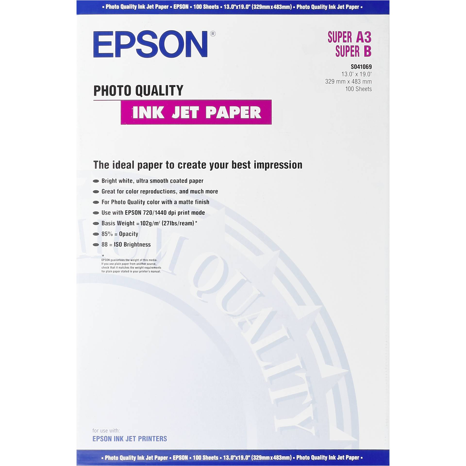 Epson Photo Quality Ink Jet Paper, DIN A3+, 102 g/m, 100 Blatt