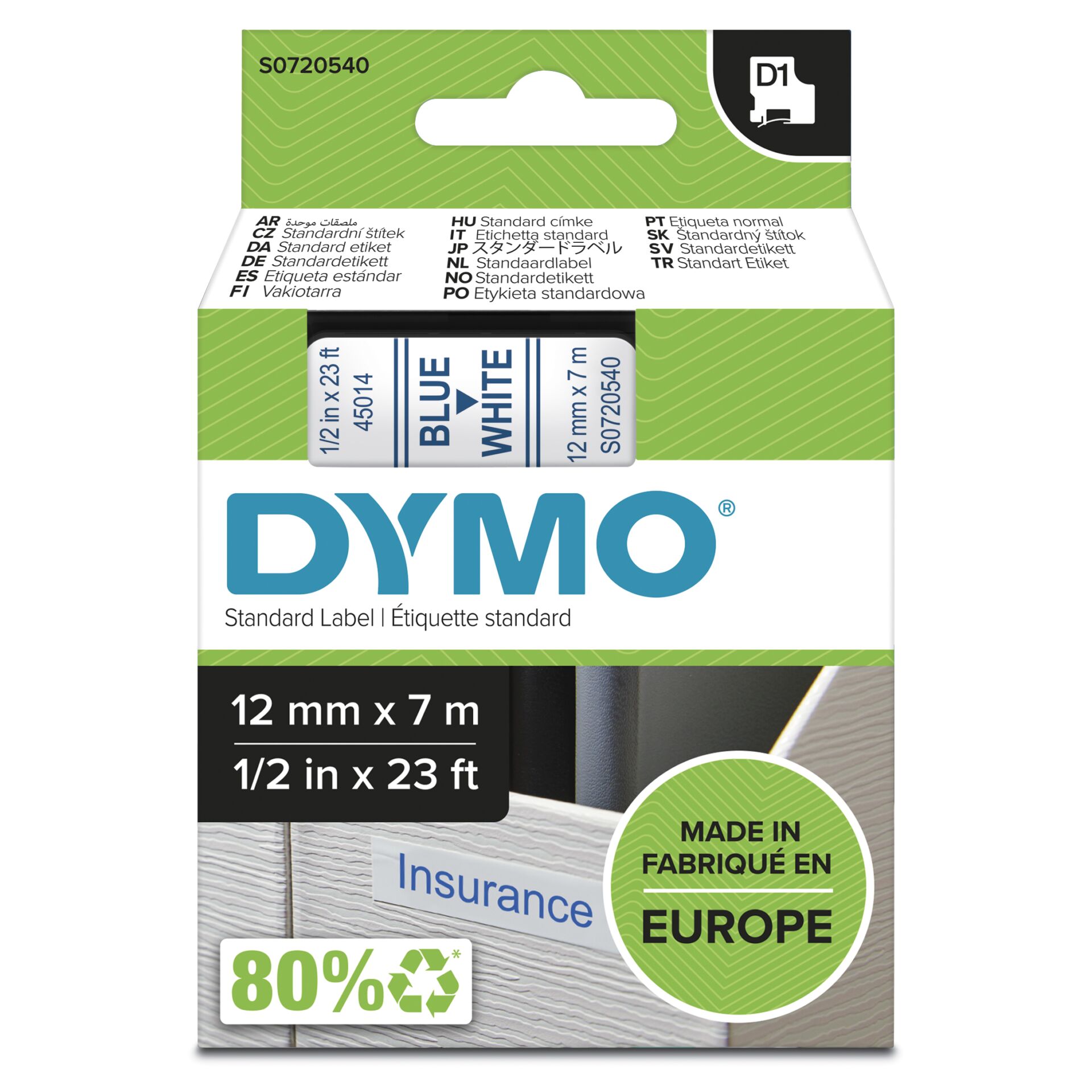 DYMO D1 - Standardetiketten - Blau auf Weiß - 12mm x 7m