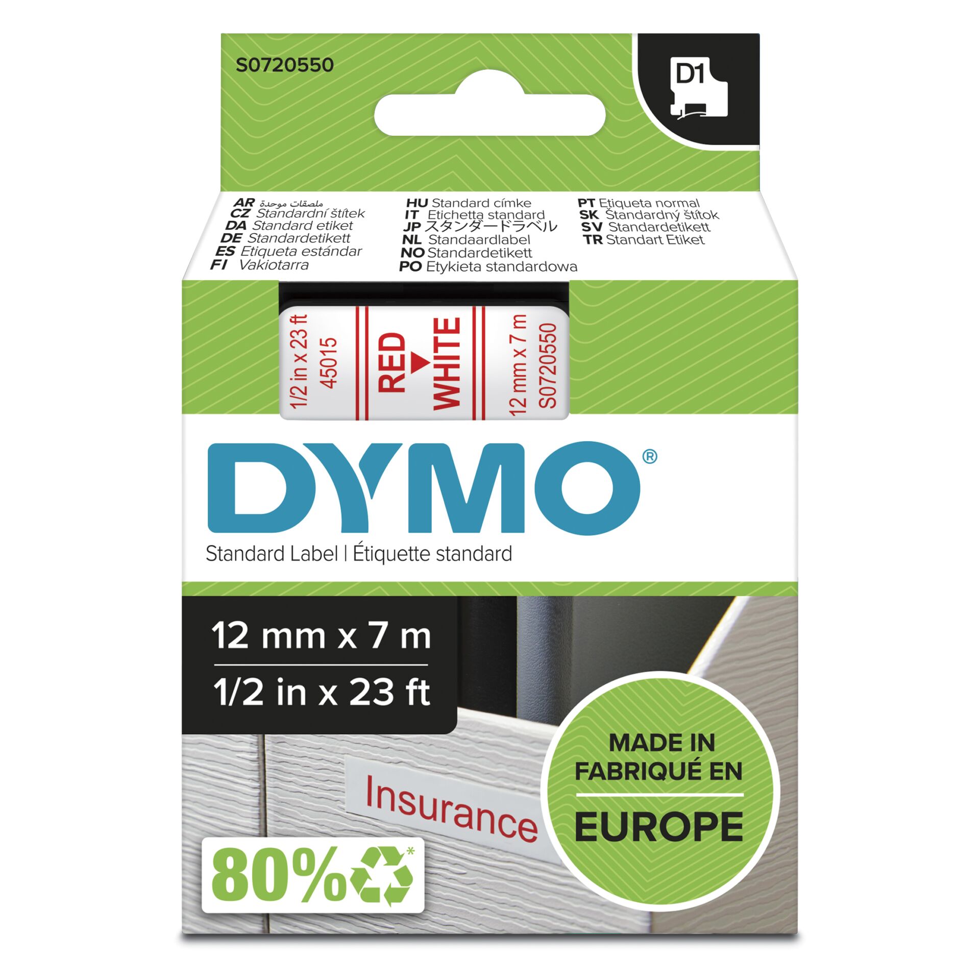 DYMO D1 - Standardetiketten - Rot auf Weiß - 12mm x 7m