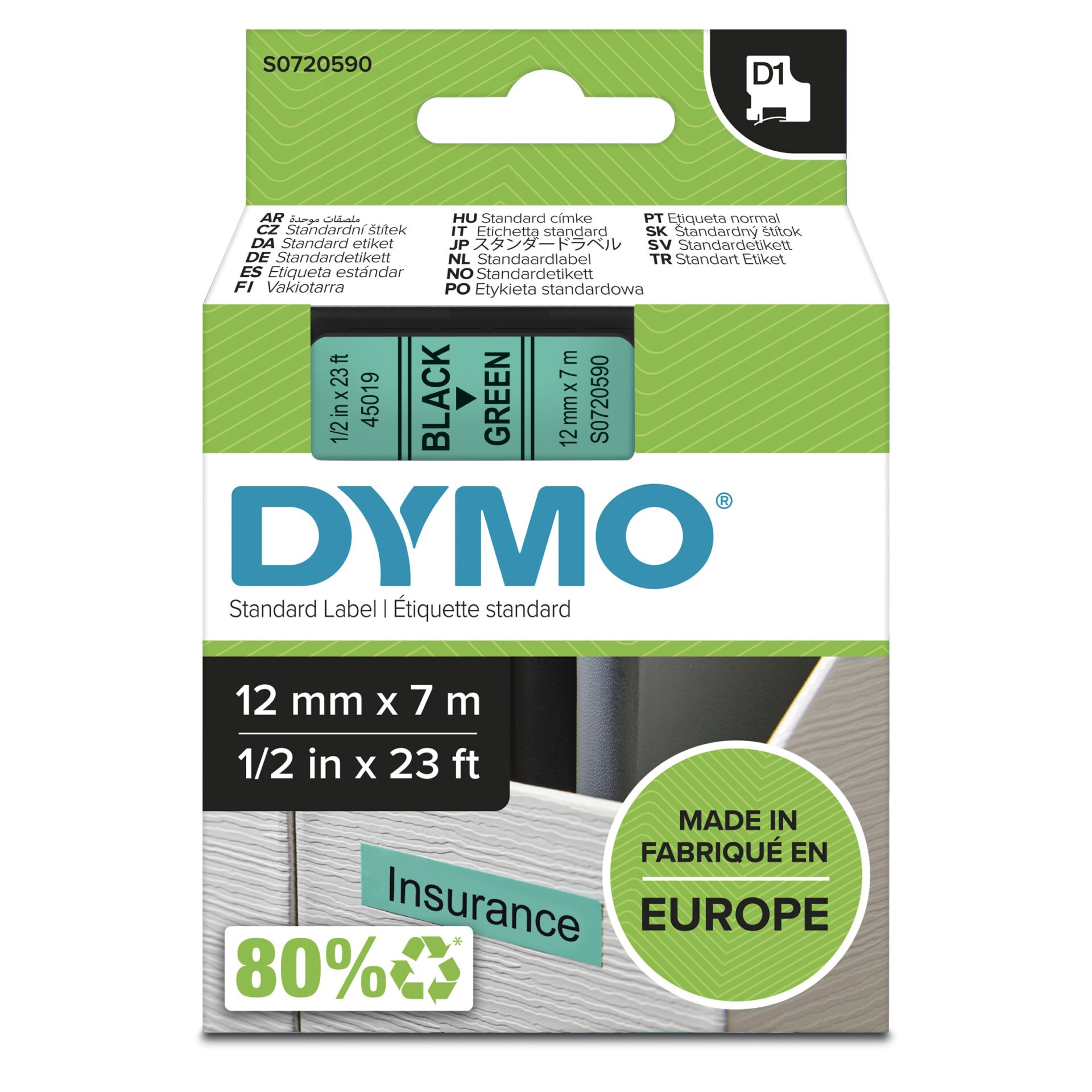 DYMO D1 - Standardetiketten - Schwarz auf Grün - 12mm x 7m