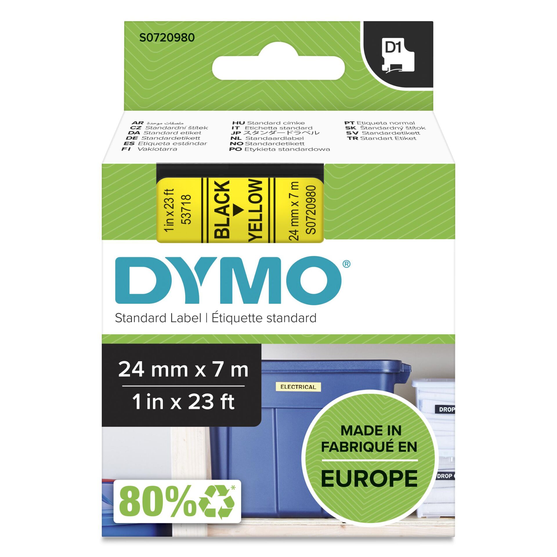 DYMO D1 - Standardetiketten - Schwarz auf Gelb - 24mm x 7m