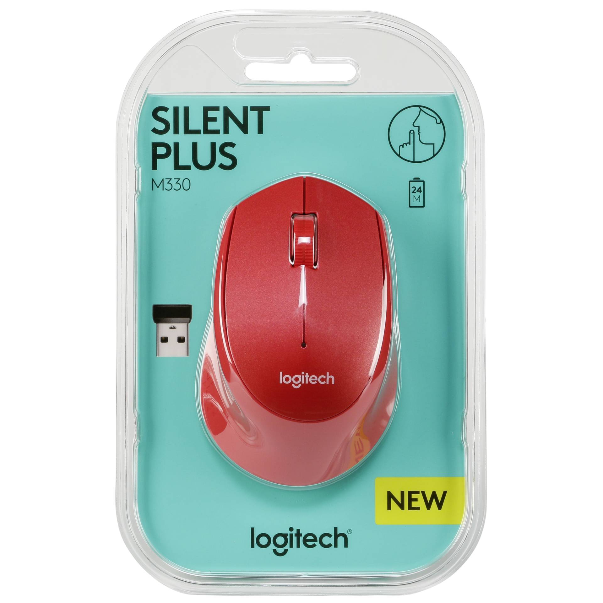 Logitech M330 Silent Plus rot, Maus, rechtshänder, kabellos (2.40GHz)