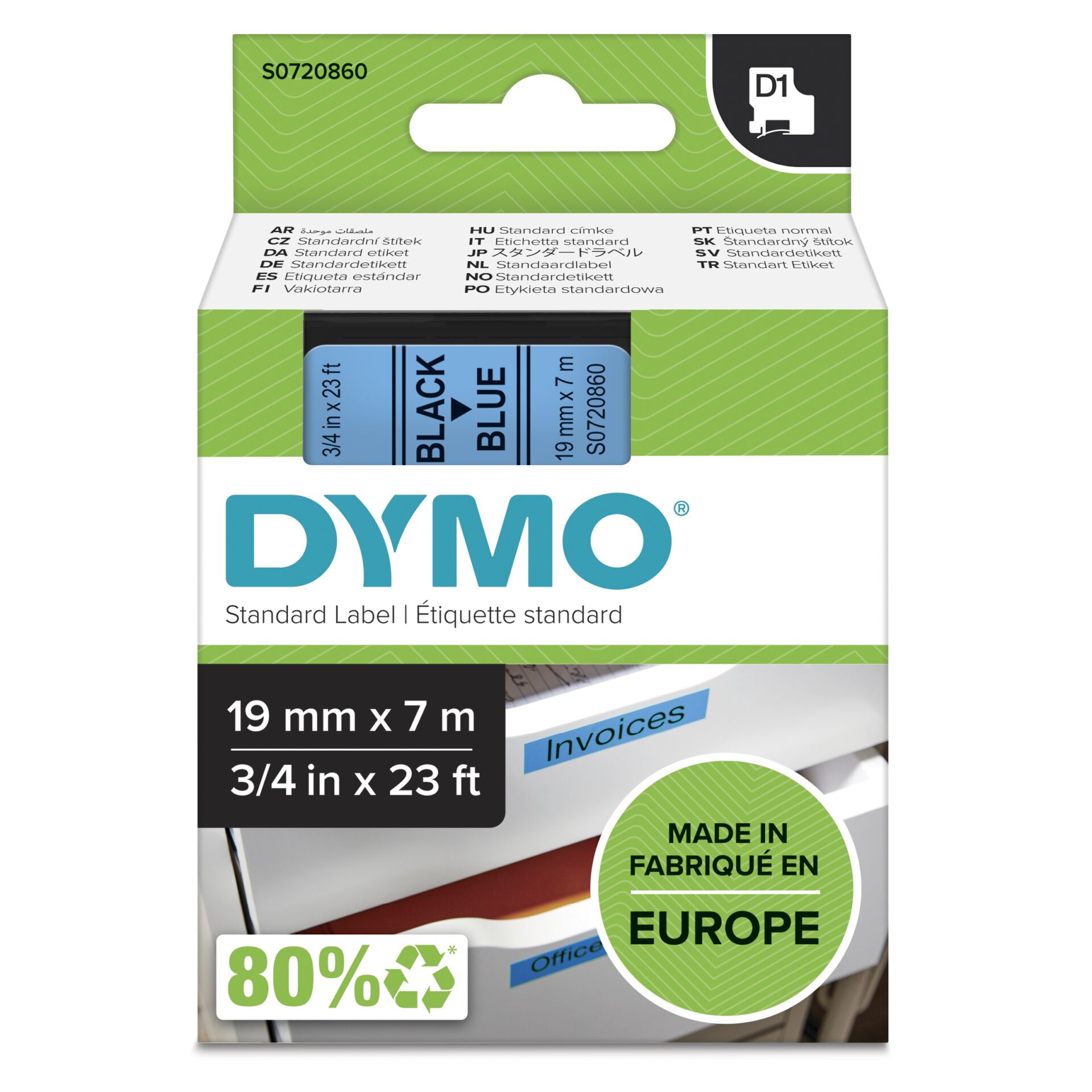 DYMO D1 - Standardetiketten - Schwarz auf Blau - 19mm x 7m