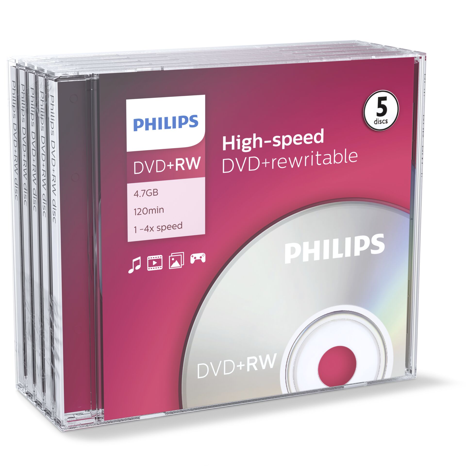 1x5 Philips DVD+RW 4,7GB 4x JC