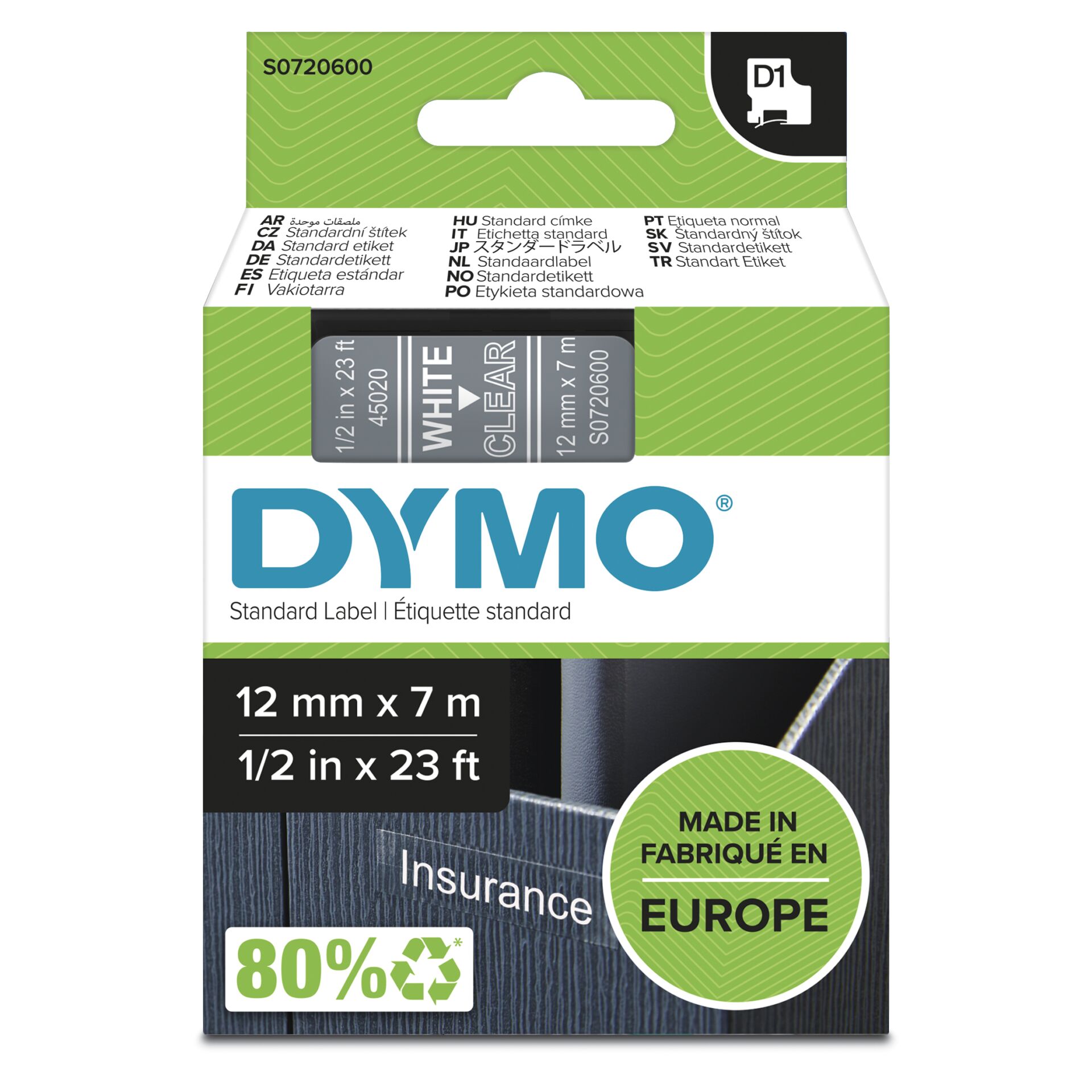 DYMO D1 - Standardetiketten - Weiß auf Transparent - 12mm x 7m