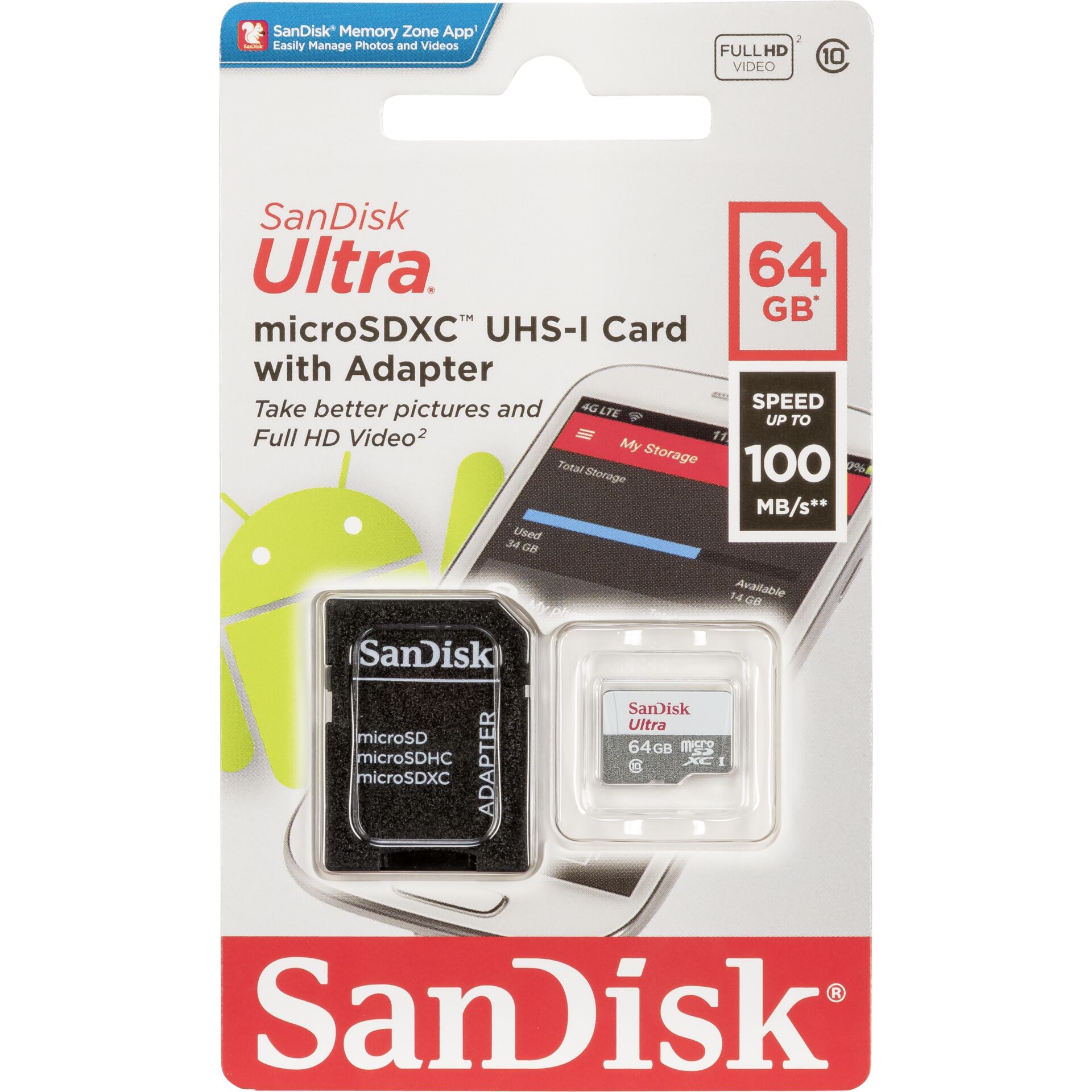 64 GB SanDisk Ultra microSDXC Kit Speicherkarte, lesen: 100MB/s