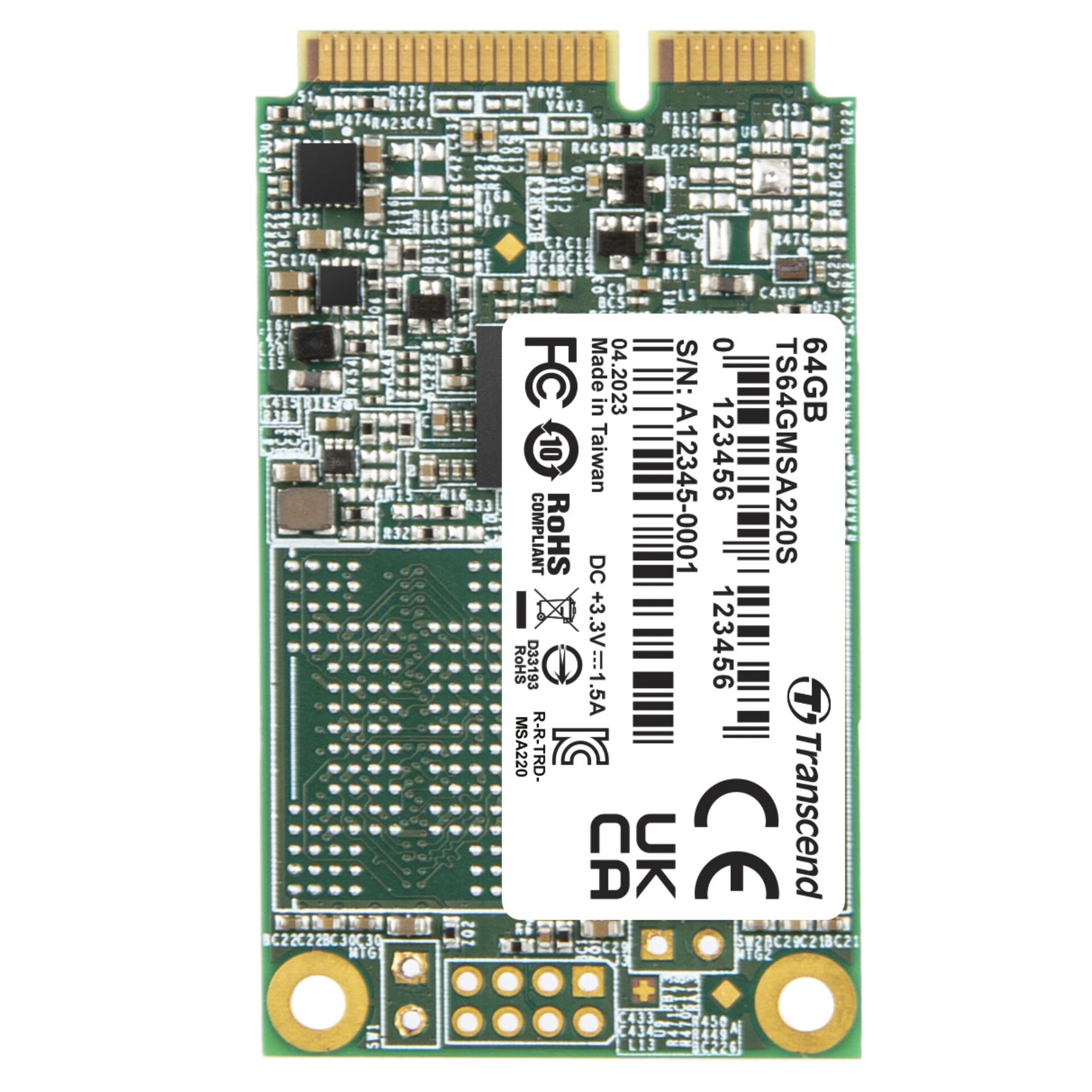 64 GB SSD Transcend MSA220S, mSATA 6Gb/s, lesen: 550MB/s, schreiben: 350MB/s SLC-Cached, TBW: 20TB