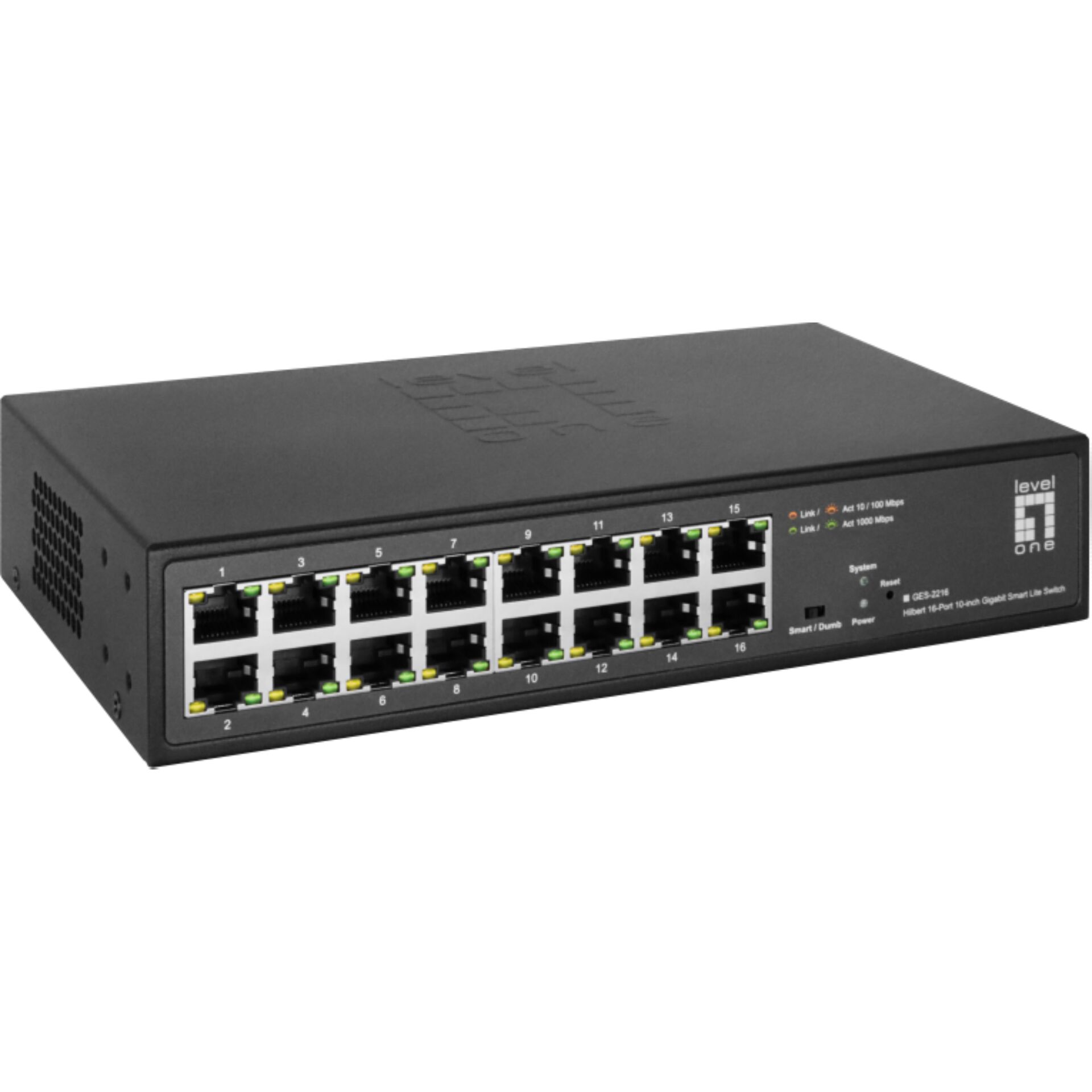 LevelOne GES Rackmount Gigabit Smart Switch, 16x RJ-45, Backplane: 32Gb/s, lüfterlos, Metallgehäuse