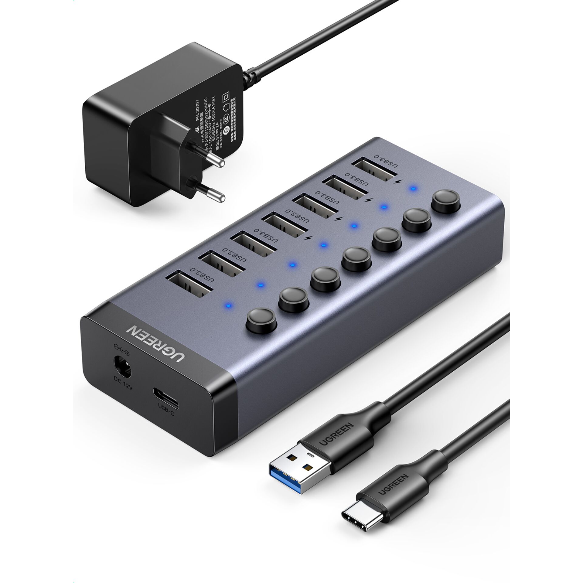 UGREEN USB-C to 7-Port USB-A 3.0 Hub DC 12V EU