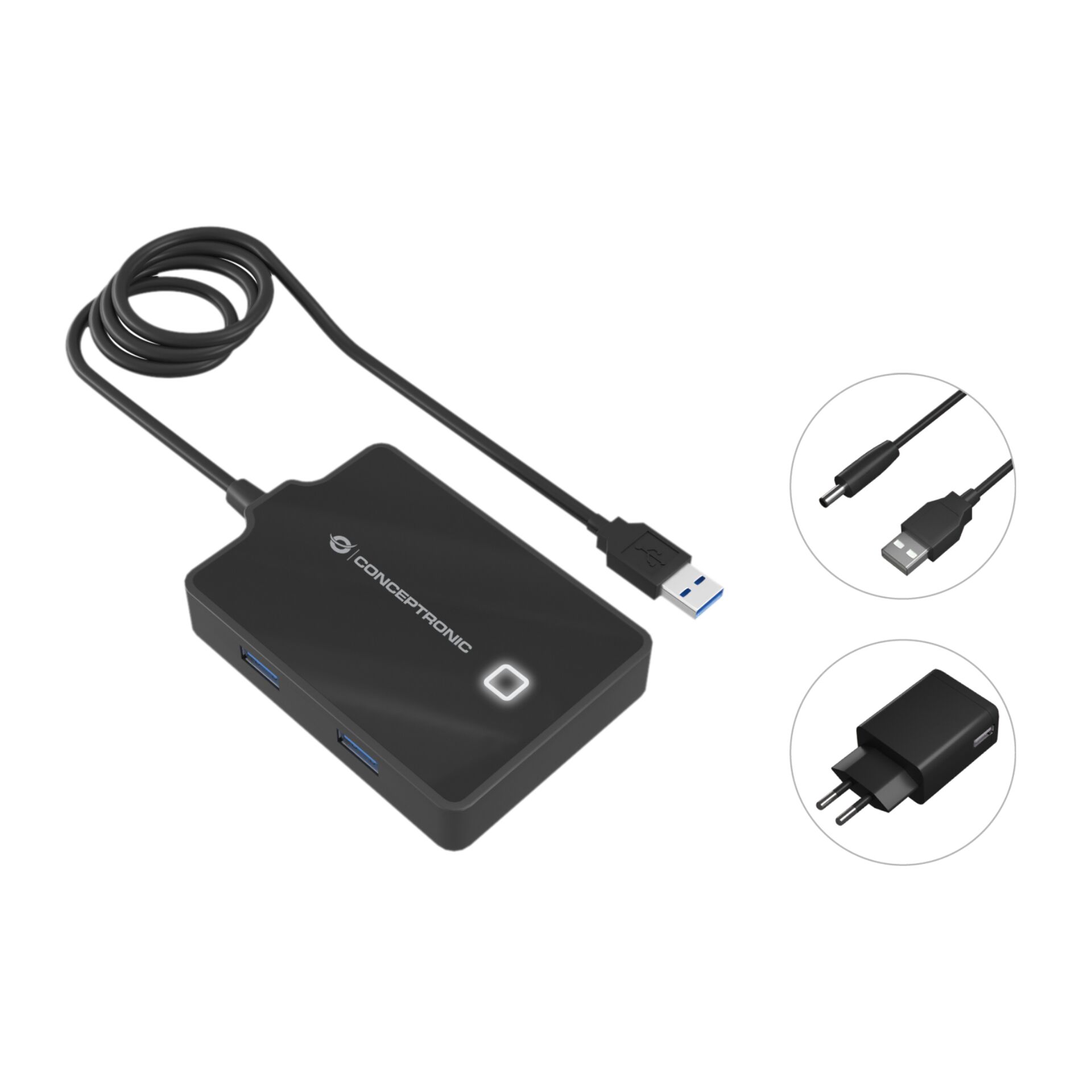 Conceptronic HUBBIES 4-Port-USB-3.0-Hub mit Netzteil, 90cm Kabel