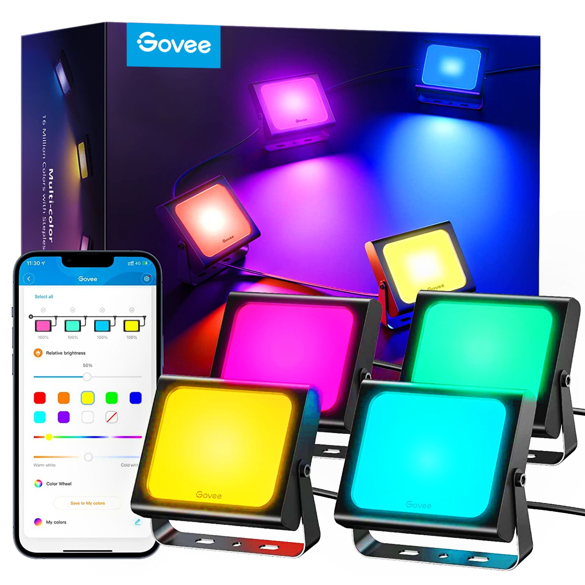 Govee RGBICWW LED Smart Flutlicht, 4er-Pack 