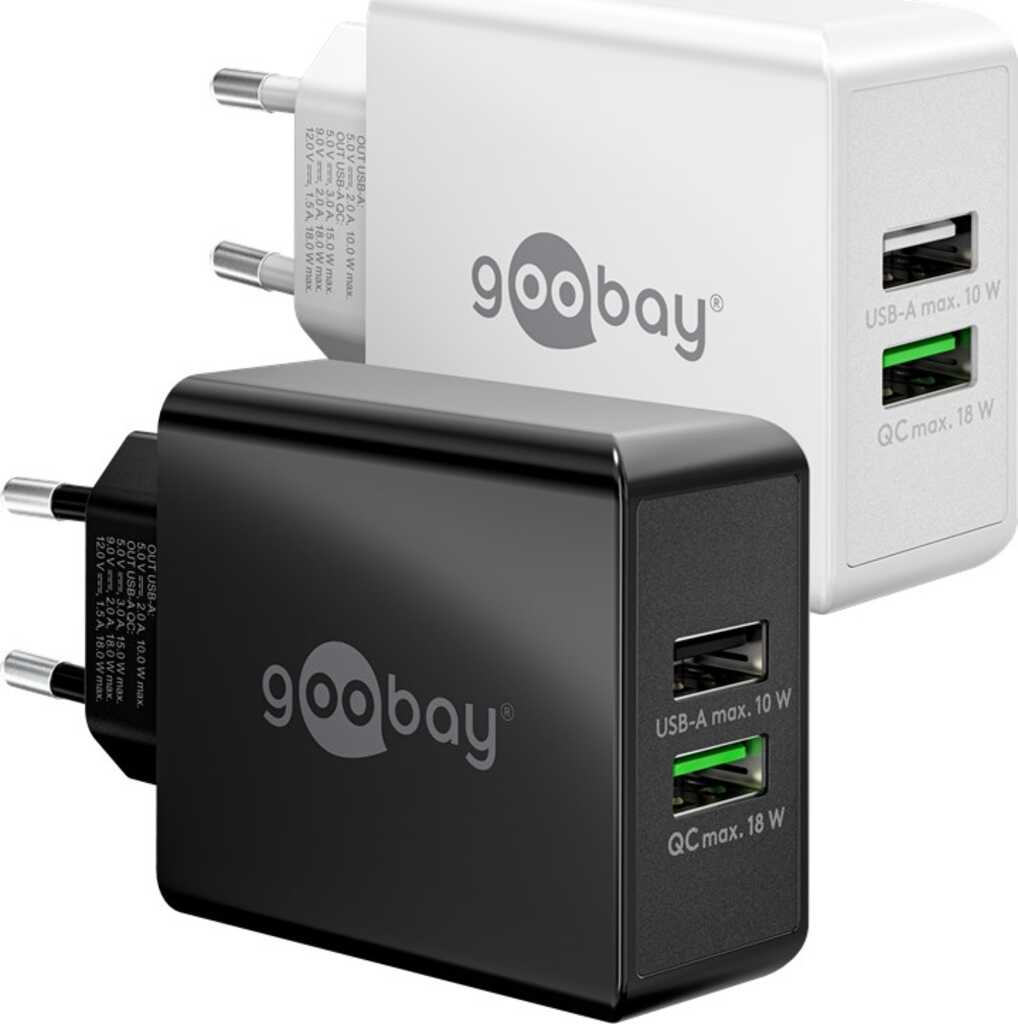 goobay Dual-USB Schnellladegerät QC3.0 28W weiß lädt bis zu 4x schneller als Standardladegeräte