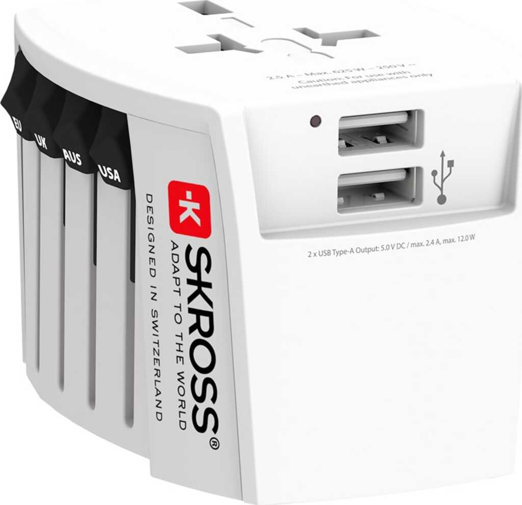 Skross World Adapter MUV USB 2x USB-A kompakter, 2-poliger Weltreiseadapter mit 2 integrierten USB-Anschlüssen