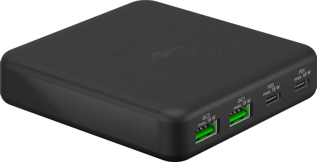 Goobay USB-C PD GaN Multiport-Tischladegerät (65 W) schwarz 2x USB-C-Anschlüsse (Power Delivery) und