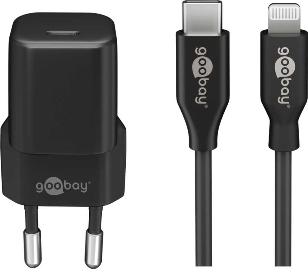 goobay Lightning/USB-C PD-Ladeset (30 W) schwarz inklusive USB-C auf Lightning Kabel für z.B. iPhone 12