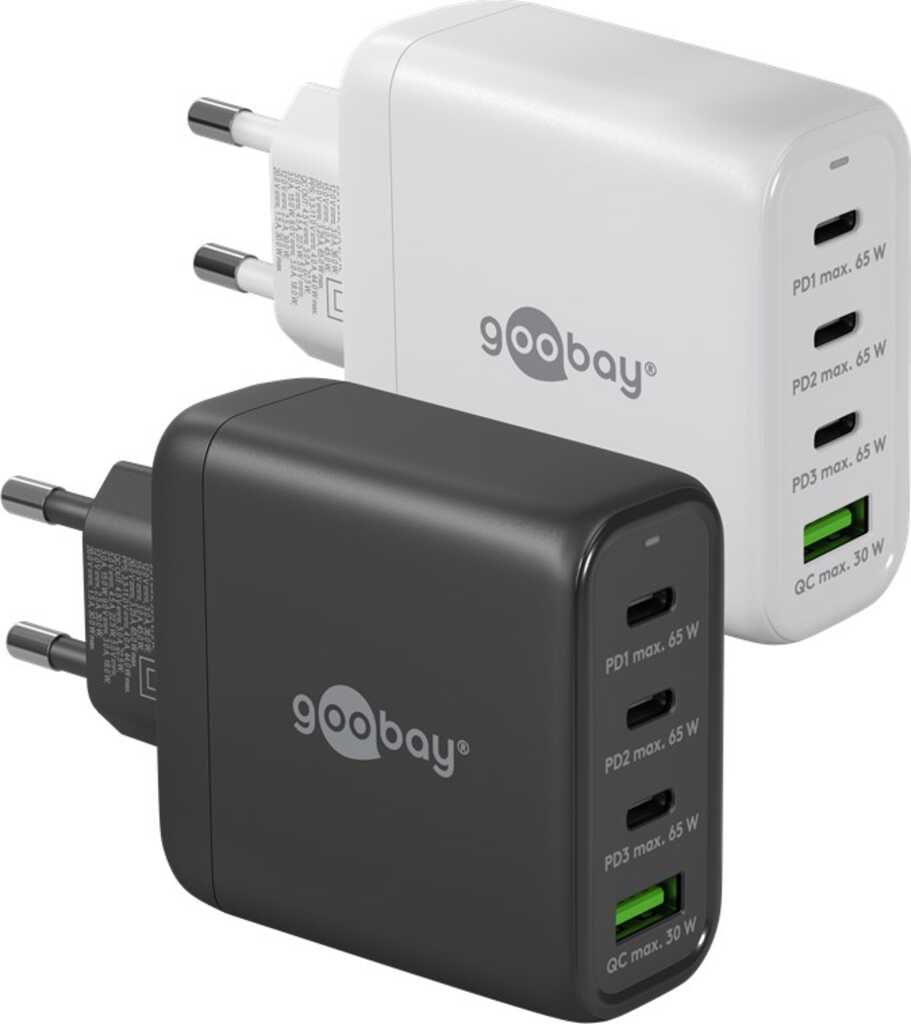 Goobay USB-C PD GaN Multiport-Schnellladegerät (68 W) weiß 3x USB-C-Anschlüsse (Power Delivery) und 1x USB-A-Anschluss