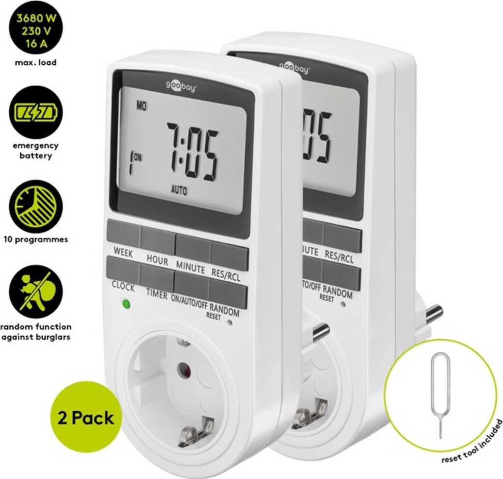 Goobay Digitale Zeitschaltuhr, 2er-Set programmierbare Zeitschaltuhr mit Schutzkontaktanschluss (Typ F)