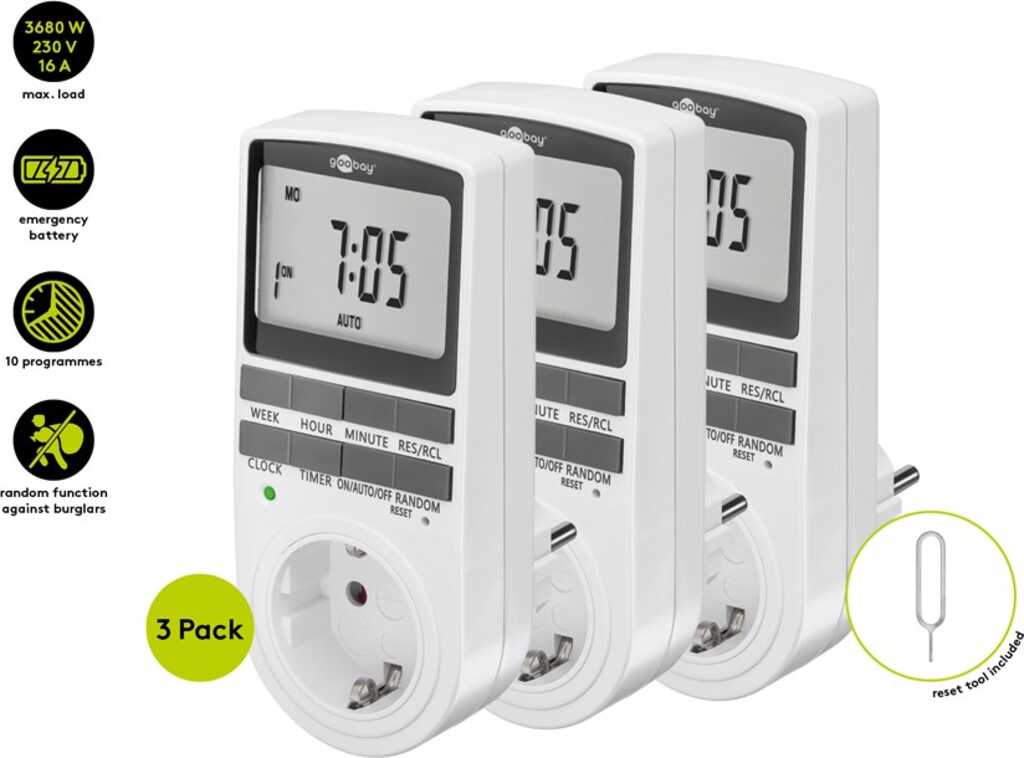 Goobay Digitale Zeitschaltuhr, 3er-Set programmierbare Zeitschaltuhr mit Schutzkontaktanschluss (Typ F)