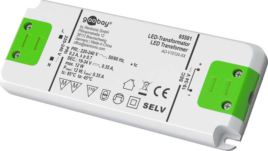 Goobay LED-Konstantstrom-Trafo 350 mA/12 W für LEDs mit 350 mA Konstantstrom bis 12 W Gesamtlast im Spannungsbereich 19-34 V (DC)