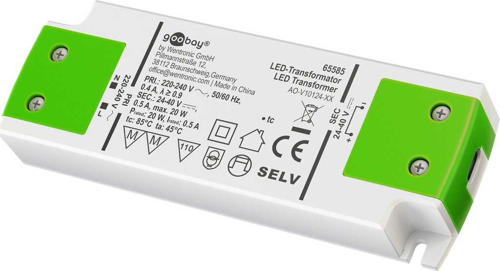 Goobay LED-Konstantstrom-Trafo 500 mA/20 W für LEDs mit 500 mA Konstantstrom bis 20 W Gesamtlast im Spannungsbereich 24-40 V (DC)