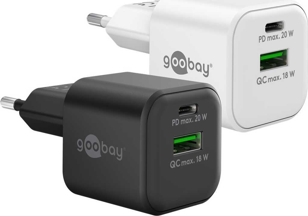 Goobay USB-C PD GaN Dual-Schnellladegerät Nano (20 W) weiß 1x USB-C-Anschluss (Power Delivery) und 1x USB-A-Anschluss