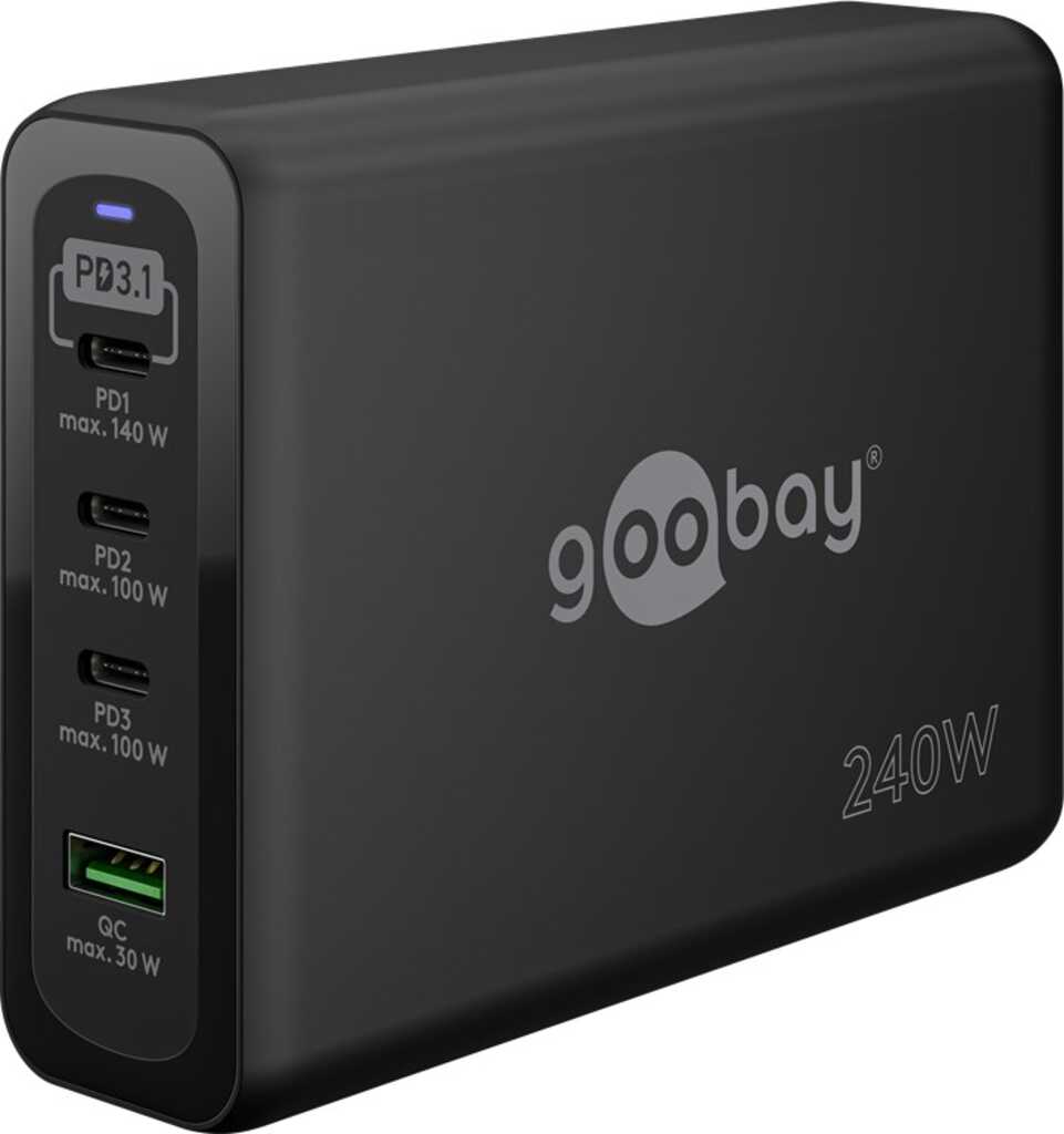 Goobay USB-C PD GaN Multiport-Schnellladegerät (240 W) schw. 3x USB-C-Anschlüsse (Power Delivery) und 1x USB-A-Anschluss