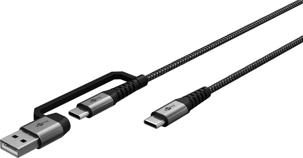 Goobay 2in1 USB-Textilkabel, spacegrau/silber, 2 m extrarobustes USB-C-Ladekabel mit Adapter für USB-A-Geräte