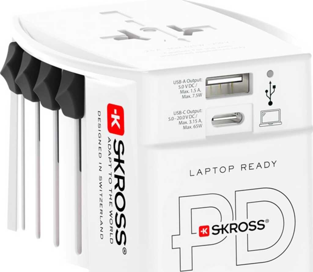 Skross Reiseadapter MUV USB AC 65 PD 65 W, 1x USB-C und 1x USB-A plus internationale Netzstecker für ungeerdete, 2-polige Geräte