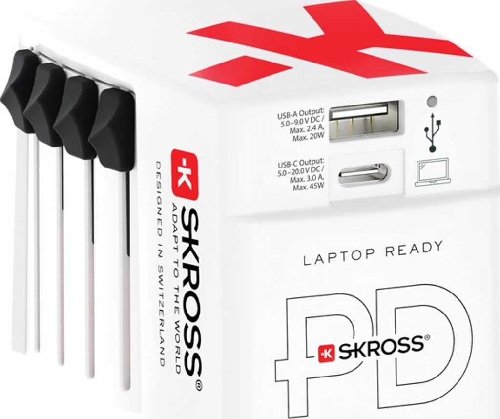 Skross Reiseadapter World USB Charger AC45PD 45 W, 1x USB-C und 1x USB-A für internationale Netzanschlüsse (ungeerdet, 2-polig)