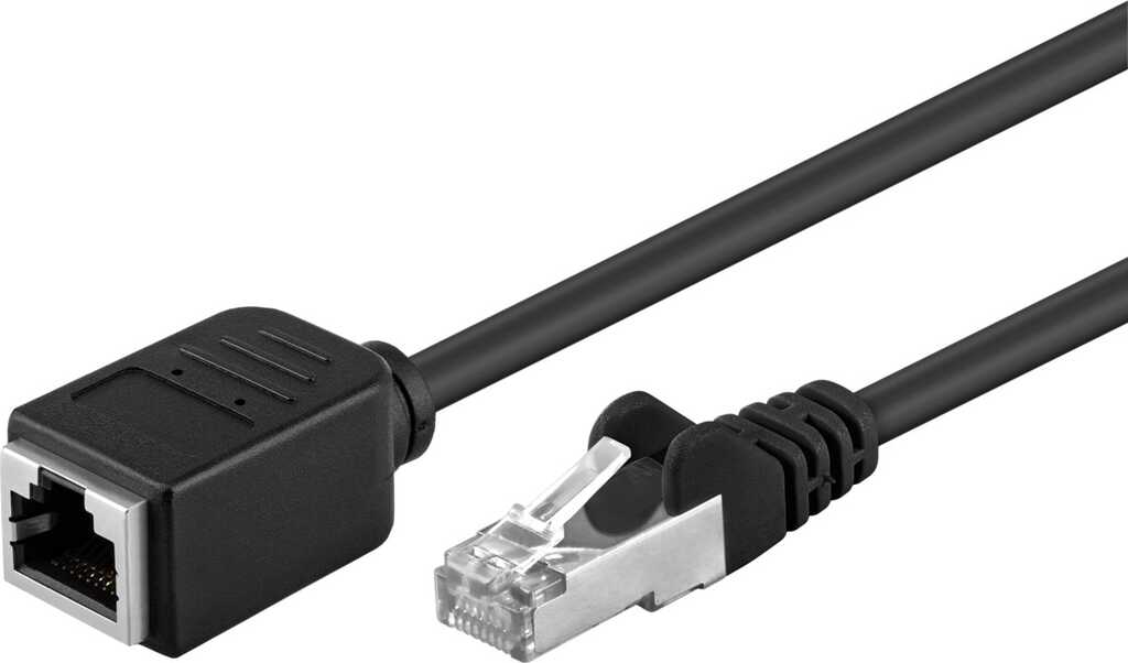 Goobay CAT 5e Verlängerungskabel, F/UTP, schwarz, 1 m Kupferleiter (CU), RJ45-Stecker (8P8C) > RJ45-Buchse (8P8C)