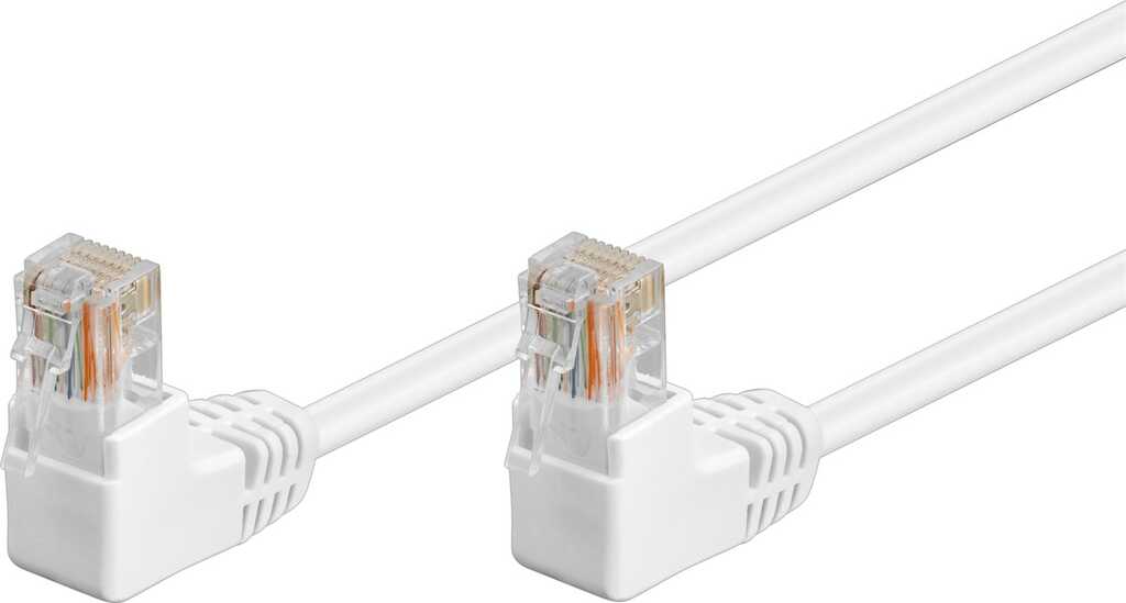 Goobay CAT 5e Patchkabel 2x 90 gewinkelt, U/UTP, weiß Kupferkaschierter Aluminiumleiter (CCA), 2x RJ45-Stecker 90 (8P8C)