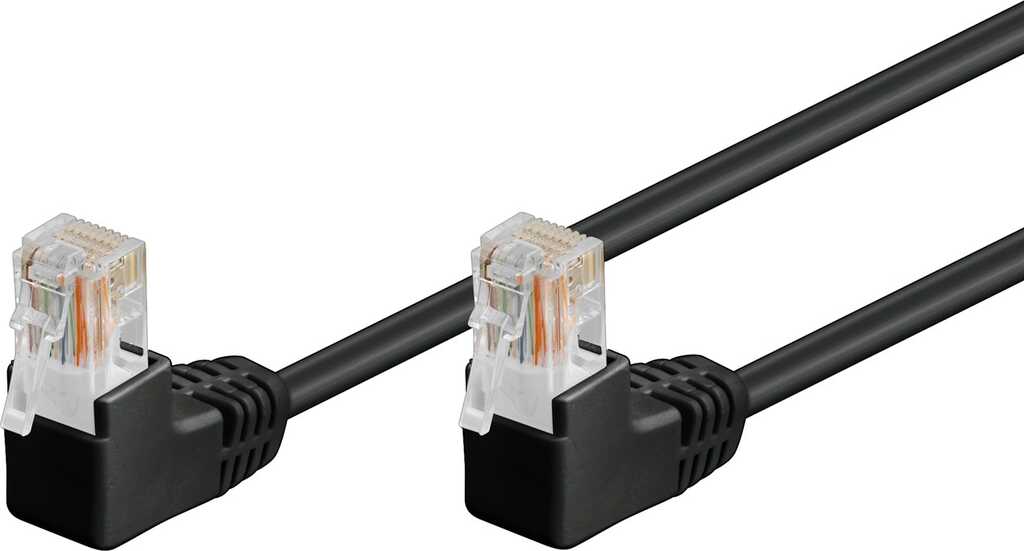 0,5m Goobay CAT 5e Patchkabel 2x 90 gewinkelt, U/UTP, schwarz Kupferkaschierter Aluminiumleiter (CCA), 2x RJ45-Stecker 90 (8P8C)