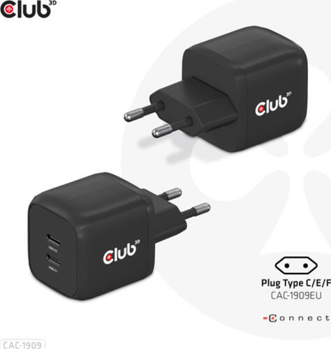 CLUB3D Travel Charger PPS 45W GAN technology, Dual port USB Type-C, Power Delivery(PD) 3.0 Support