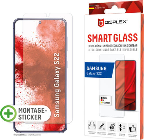 Displex Smart Glass (9H) für Samsung Galaxy S22, Montagesticker, unzerbrechlich, ultra-dünn, unsichtbar