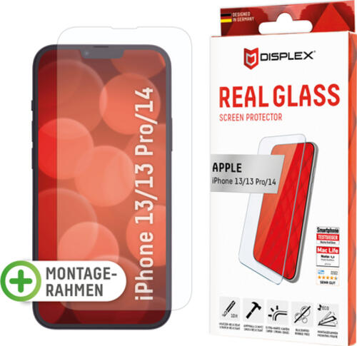 Displex Panzerglas (10H) für Apple iPhone 13/13 Pro/14, Eco-Montagerahmen, Tempered Glas, kratzer-resistente Schutzfolie, hüllenfreundlich