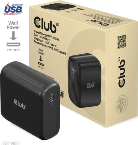 CLUB3D Reiseladegerät 100 Watt GAN-Technologie, USB-IF TID-zertifiziert, Einzelanschluss USB Typ-C, Power Delivery (PD) 3.0-Unterstützung