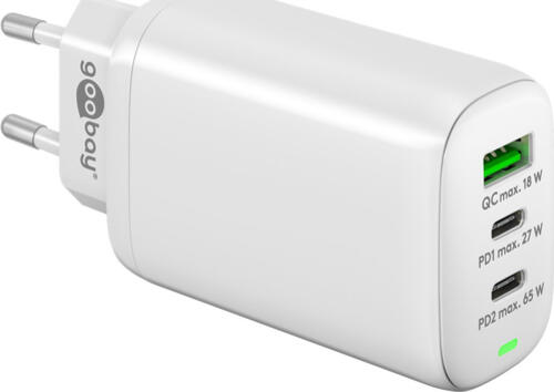 Goobay USB-C PD Multiport-Schnellladegerät (65 W) weiß 2x USB-C-Anschlüsse (Power Delivery) und 1x