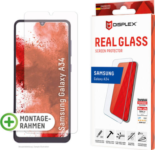 Displex Panzerglas (10H, 2D) für Samsung Galaxy A34, Eco-Montagerahmen, kratzer-resistent