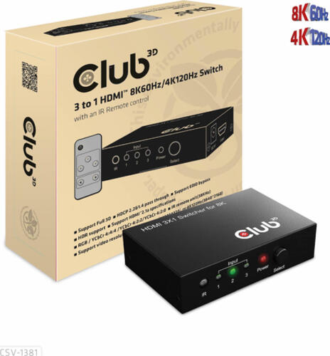 CLUB3D HDMI 3 auf 1 Umschalter 8K60Hz/4K120Hz Umschalter