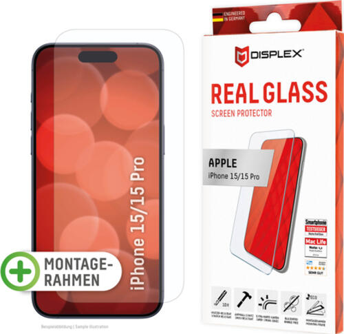 Displex Panzerglas (10H, 2D) für Apple iPhone 15/15 Pro, Eco-Montagerahmen, kratzer-resistent