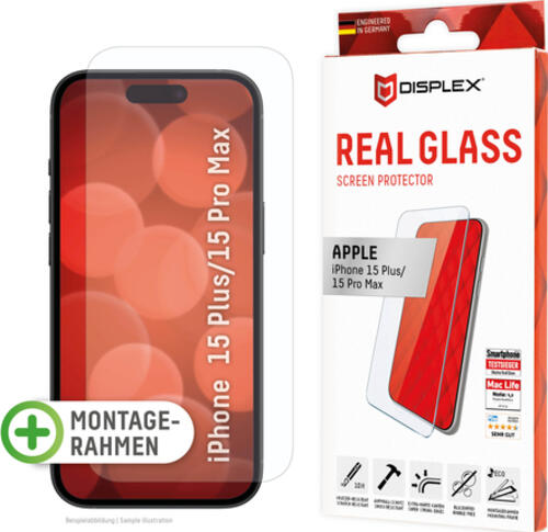 Displex Panzerglas (10H, 2D) für Apple iPhone 15 Plus/15 Pro Max, Eco-Montagerahmen, kratzer-resistent