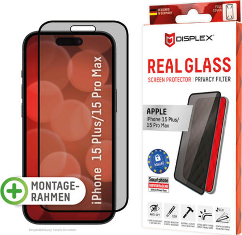 Displex Privacy Panzerglas (10H) für Apple iPhone 15 Plus/15 Pro Max, Eco-Montagerahmen, Privacy Filter