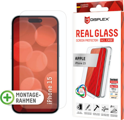 Displex Panzerglas + Schutzhülle für Apple iPhone 15, Eco-Montagerahmen, kratzer-resistent