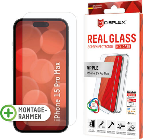 Displex Panzerglas + Schutzhülle für Apple iPhone 15 Pro Max, Eco-Montagerahmen, kratzer-resistent